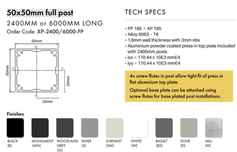 Post – 50x50mm x 2400mm Aluminium Slat Fencing Post - MN - Image 2