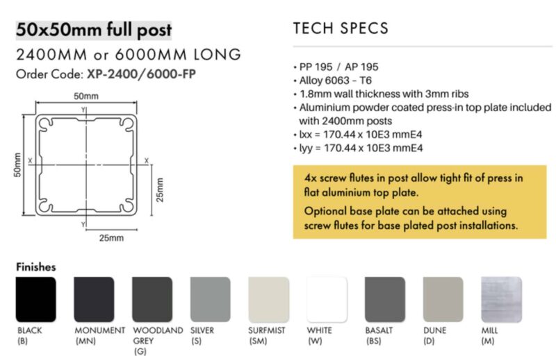Post – 50x50mm x 2400mm Aluminium Slat Fencing Post - W - Image 2