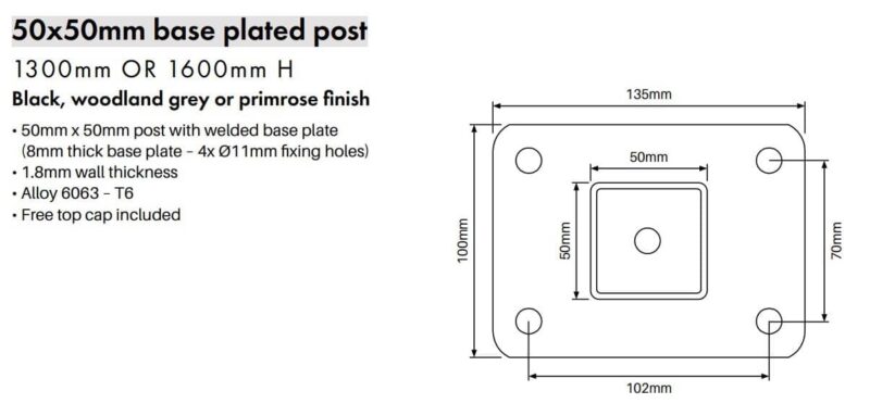 Post - 50x50mm x 1600mm Aluminium Base Plate Fencing Post - B - Image 2