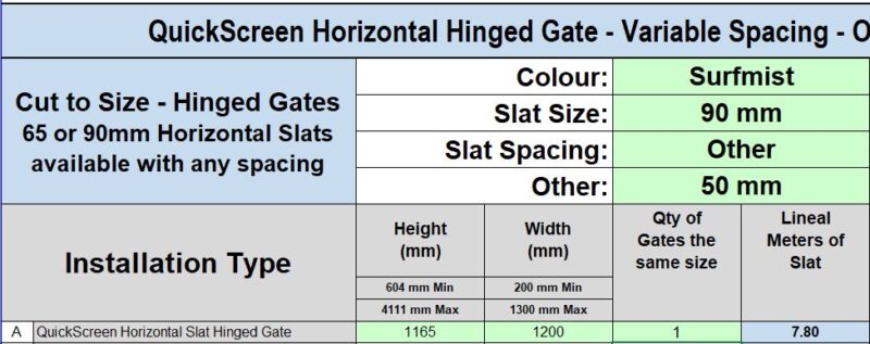 Custom Slat Gate- Jeff - 90mm slats x 50mm gap in SURFMIST